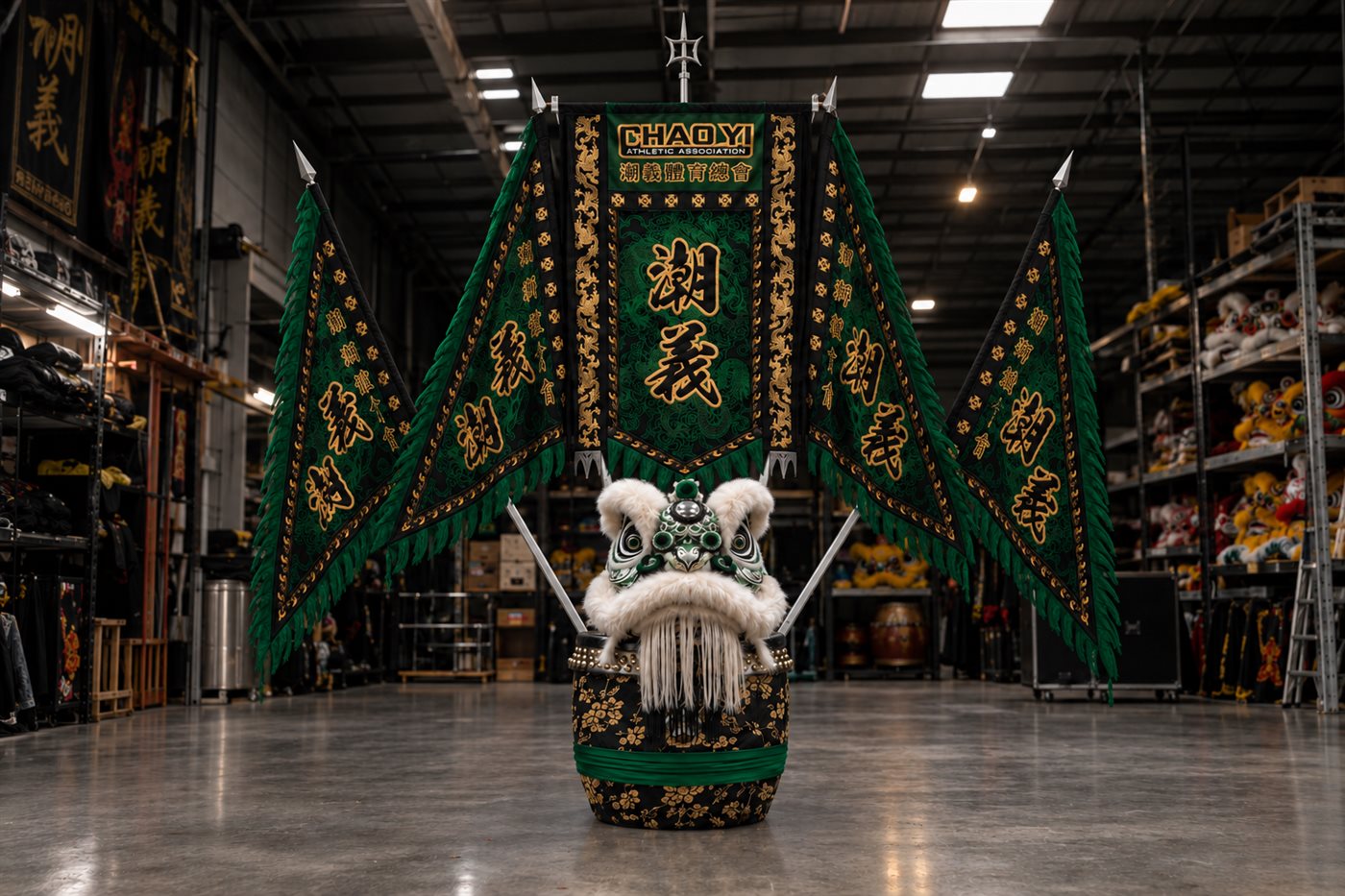 Chao Yi Athletic Association ceremonial banners and lion dance head on display
