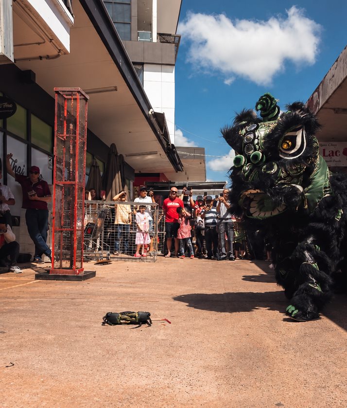 Chao Yi lion dance performance in a shopping strip with a watching crowd