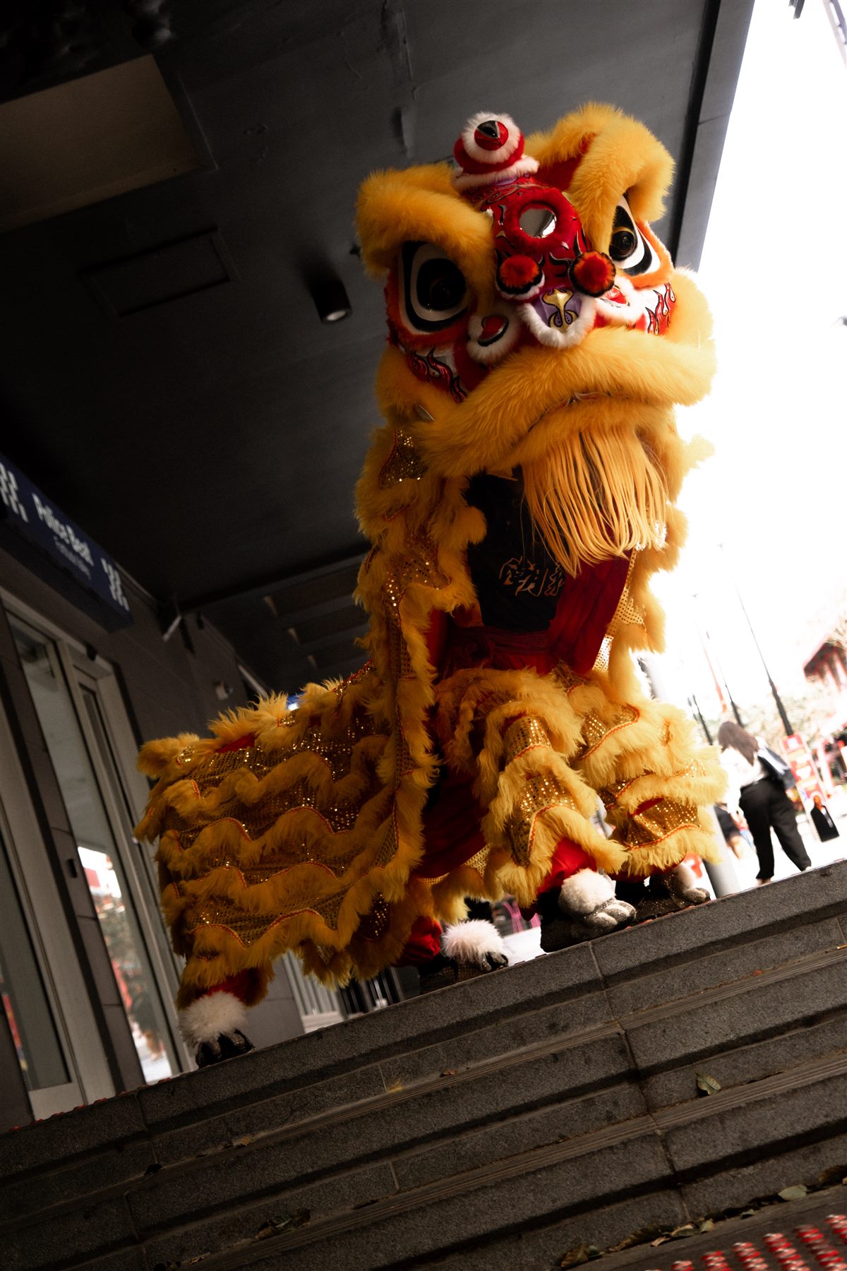 Close-up of a Chao Yi lion dance head mid-performance