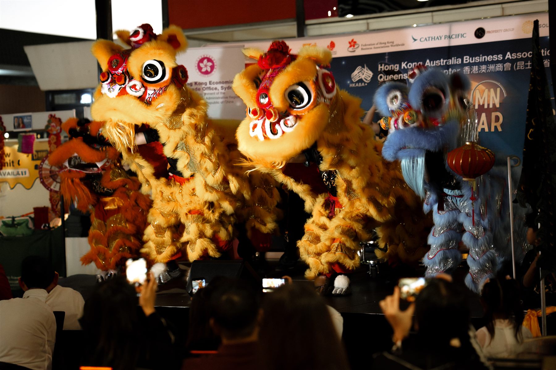 Chao Yi lion dance performers on stage at a community event